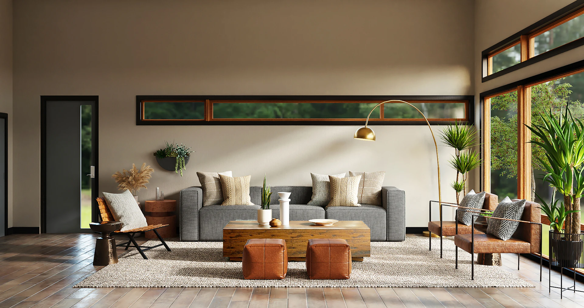 A warm living room with a generous sofa, timber furniture, and layered textiles